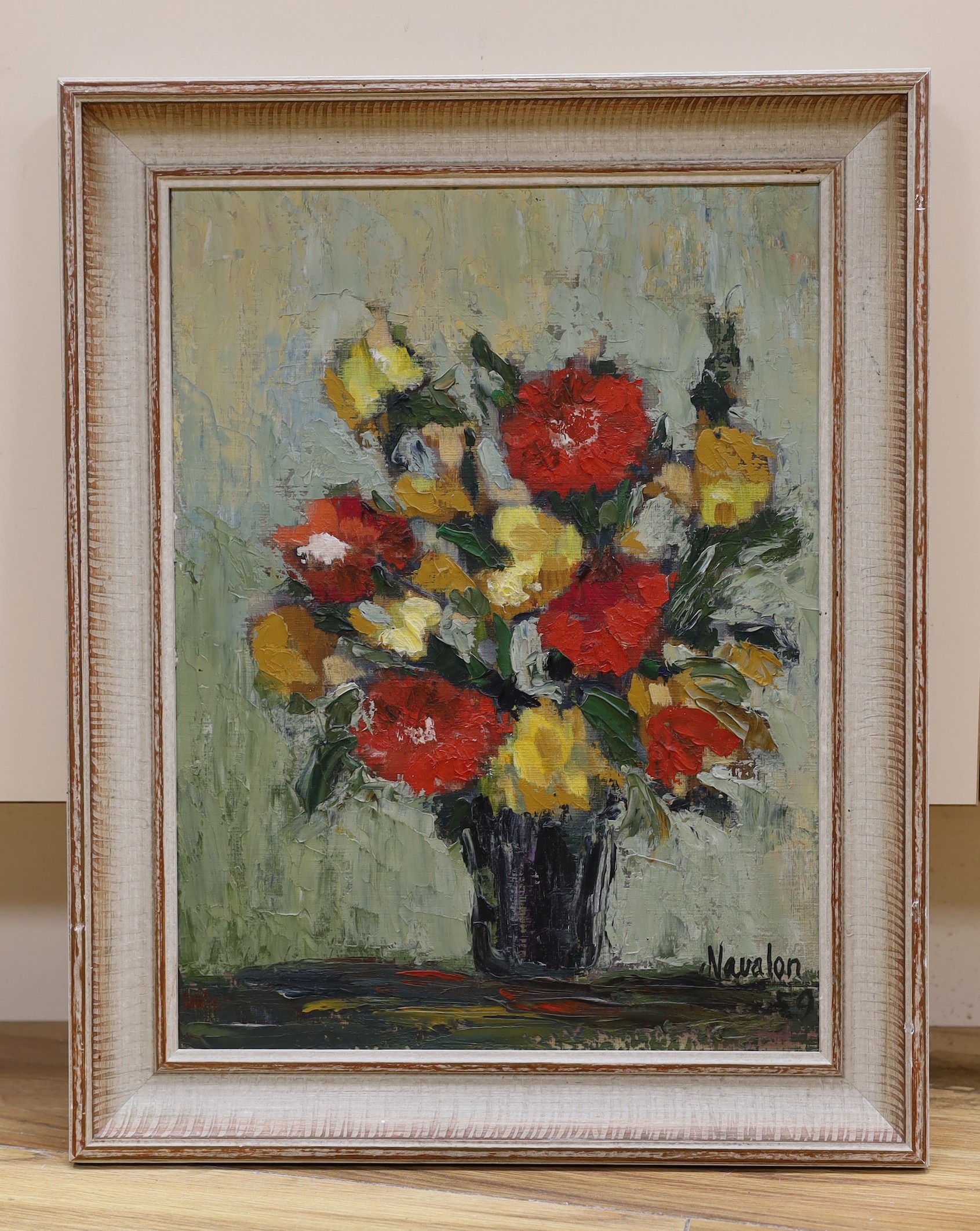 Navalon (French, 1950's), oil on board, Still life of flowers, signed, 39 x 29cm.